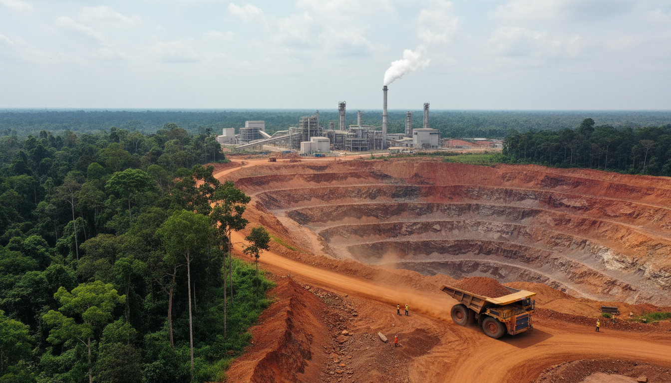 Bauxite mine and alumina processing infrastructure in a tropical West African landscape
