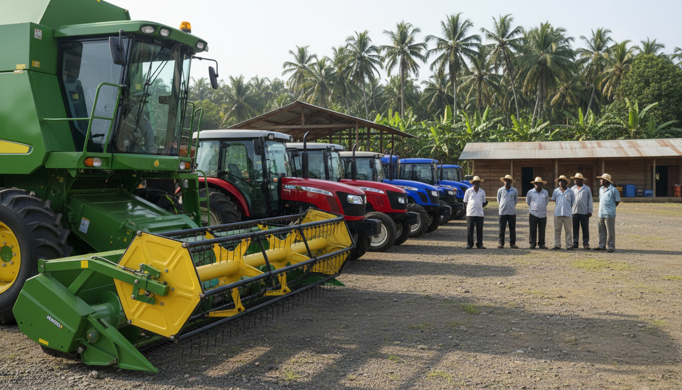Agricultural tractors and farm machinery prepared for distribution in Liberia