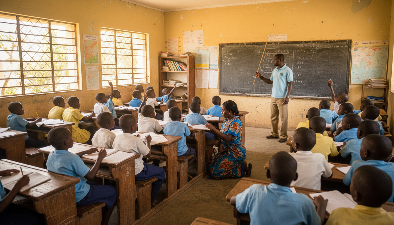 Teachers and students in a Liberian public school classroom