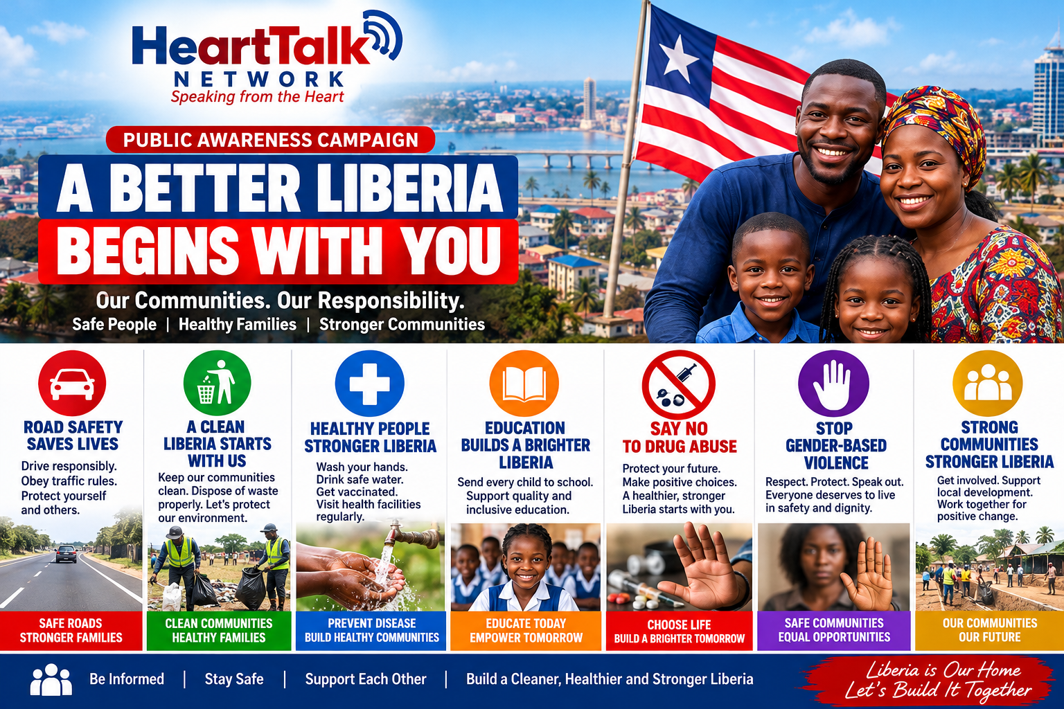 HeartTalk Network public-awareness campaign poster promoting road safety, clean communities, health, education, drug prevention, protection from gender-based violence, and community development in Liberia.
